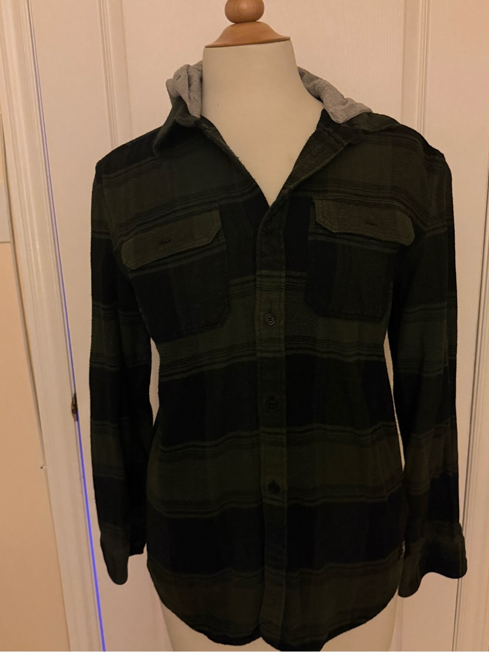 DC Branded Black and Olive Plaid Hooded Flannel